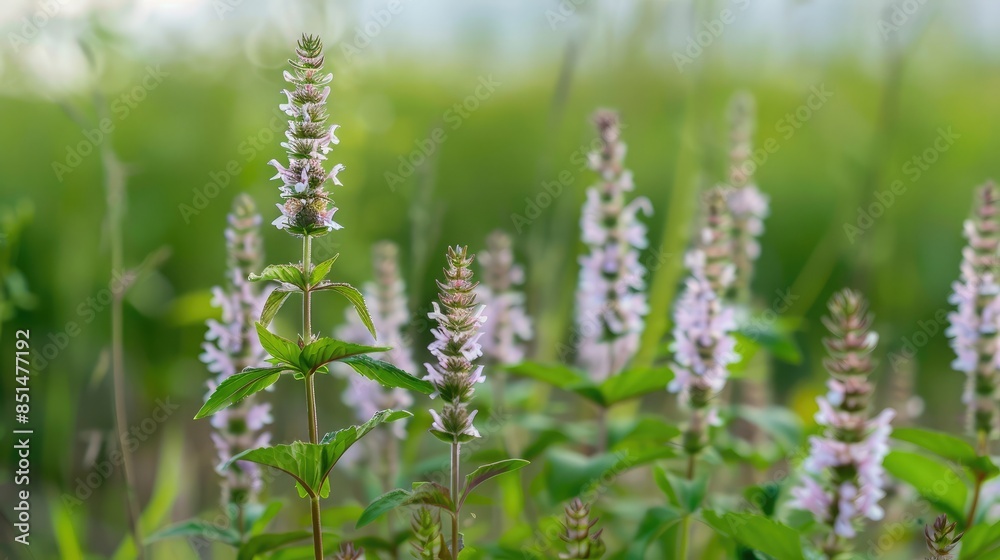 Macro shot of marsh mint flowers blooming in a marshland, with soft focus on the surrounding greenery Macro shot of marsh mint flowers blooming in a marshland, with soft focus on the surrounding greenery