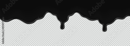 Flowing sticky liquid dark ink creating a wave of thick black oil or bitumen paint on transparent background. Realistic 3D vector illustration of top horizontal frame