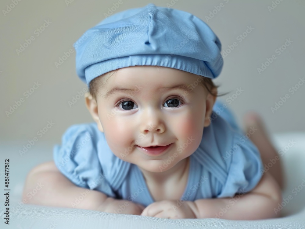 A baby wearing a blue hat and a blue shirt is laying on a white surface A baby wearing a blue hat and a blue shirt is laying on a white surface