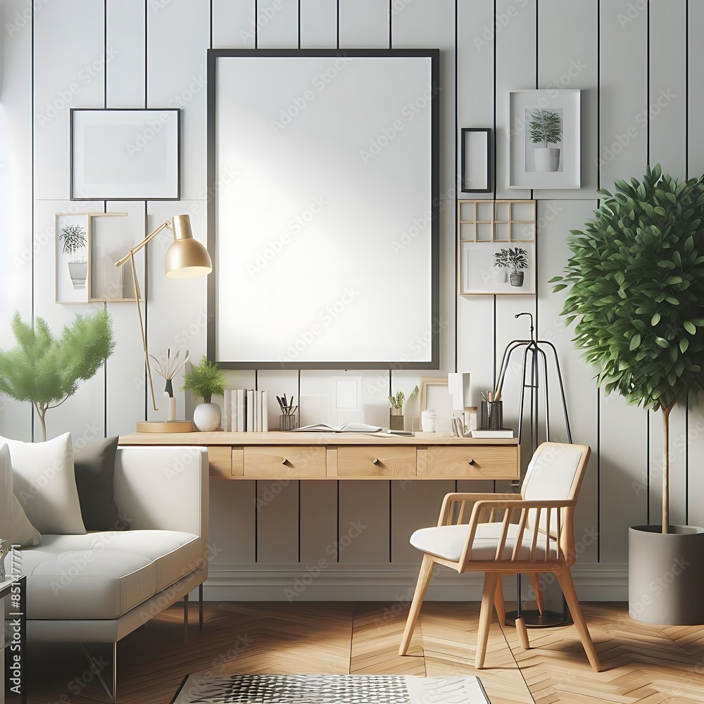Fototapeta premium A work office room There is an poster empty white with a desk and a picture frame decoration highquality unique optimized unique.