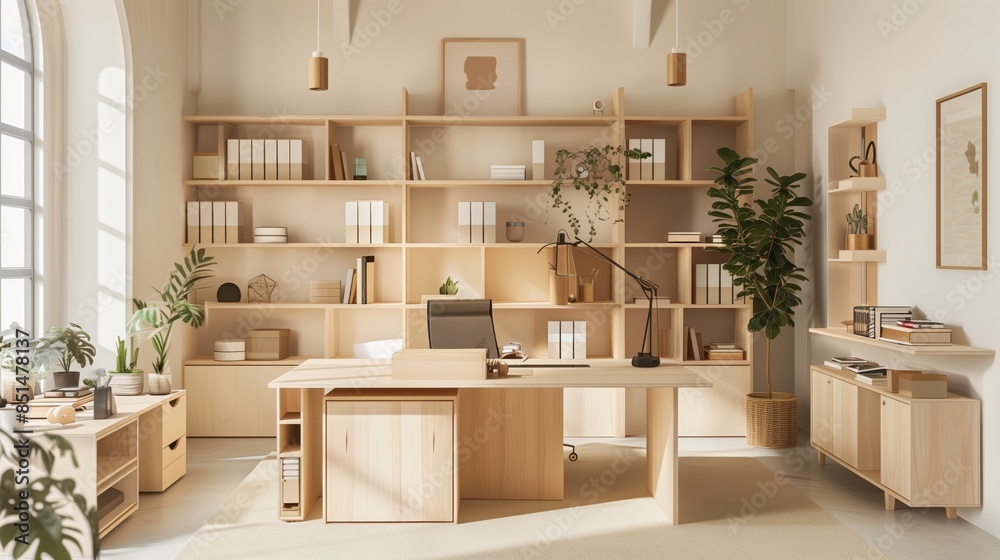 A tranquil corner office with sophisticated plywood furniture blends elegance and functionality.