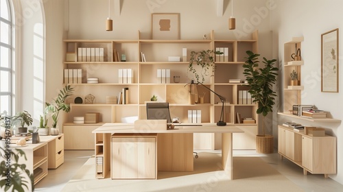 A tranquil corner office with sophisticated plywood furniture blends elegance and functionality.