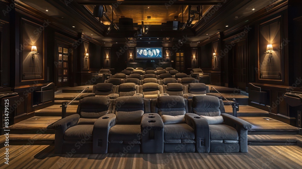 luxurious movie screening room with tiered seating, plush recliners, and vintage Hollywood decor for a private cinema experience luxurious movie screening room with tiered seating, plush recliners, and vintage Hollywood decor for a private cinema experience