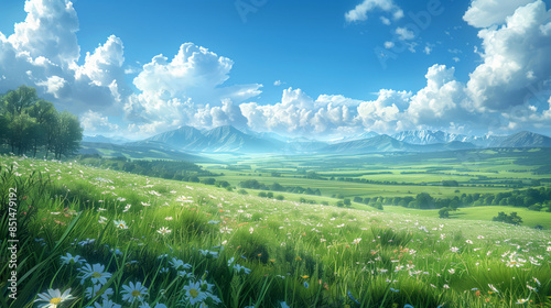 Beautiful grassland, endless meadows with white flowers and blue sky, green mountains in the distance