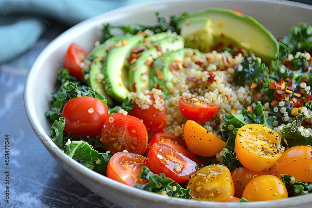 A vibrant salad with quinoa, kale, cherry tomatoes, and avocado A vibrant salad with quinoa, kale, cherry tomatoes, and avocado