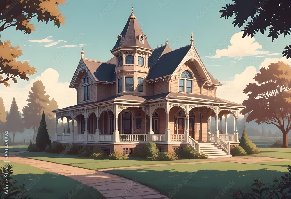modern flat Secluded modern farmhouse with a metal roof, large windows, and a spacious deck overlooking a sprawling field in a remote, pastoral setting vector style illustration modern flat Secluded modern farmhouse with a metal roof, large windows, and a spacious deck overlooking a sprawling field in a remote, pastoral setting vector style illustration