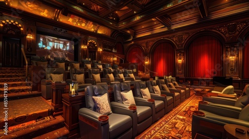 luxurious movie screening room with tiered seating, plush recliners, and vintage Hollywood decor for a private cinema experience