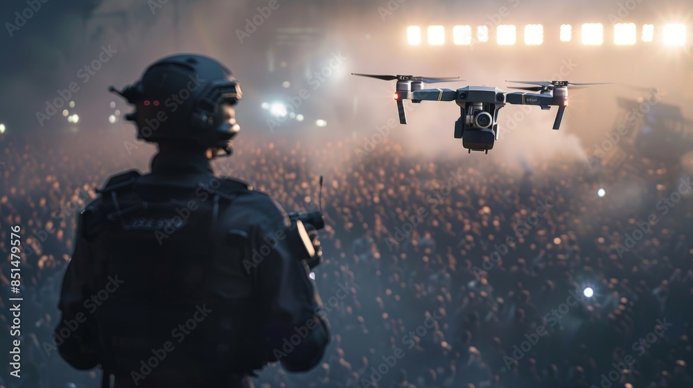 Security agent flying a drone to see and view over the large crowd in background, crowd control concept image Security agent flying a drone to see and view over the large crowd in background, crowd control concept image