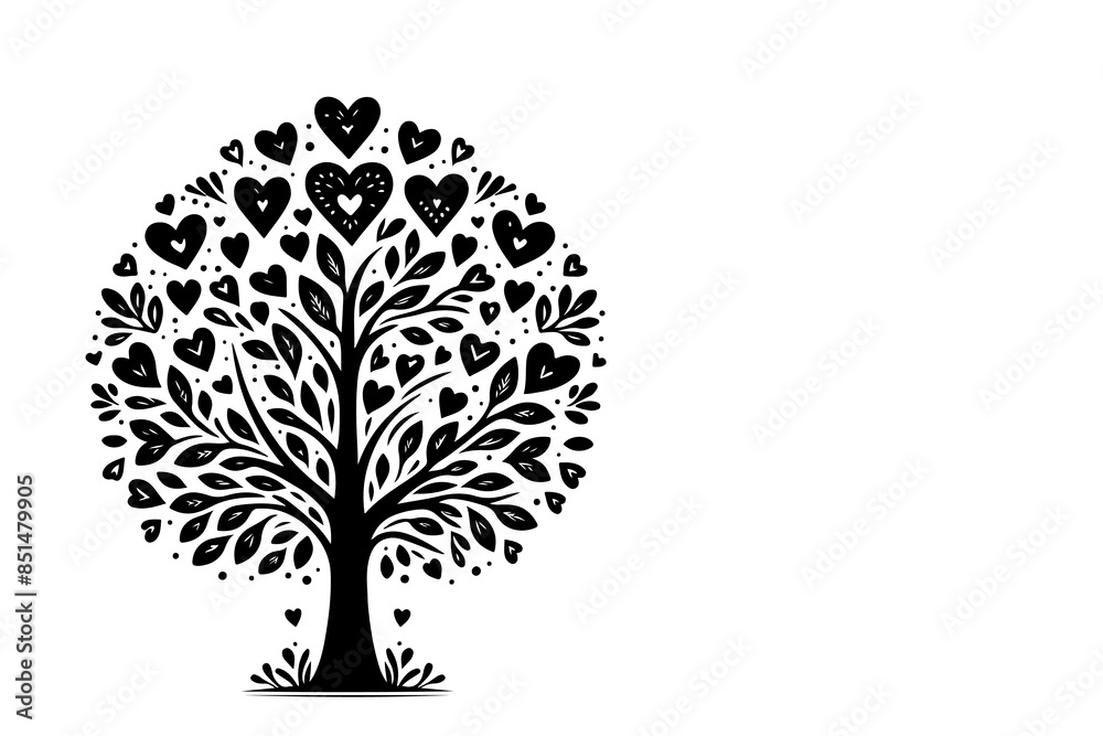 Naklejka premium Black love tree with heart leaves. hand draw Valentine tree silhouette clip art isolated on white background, vector illustration