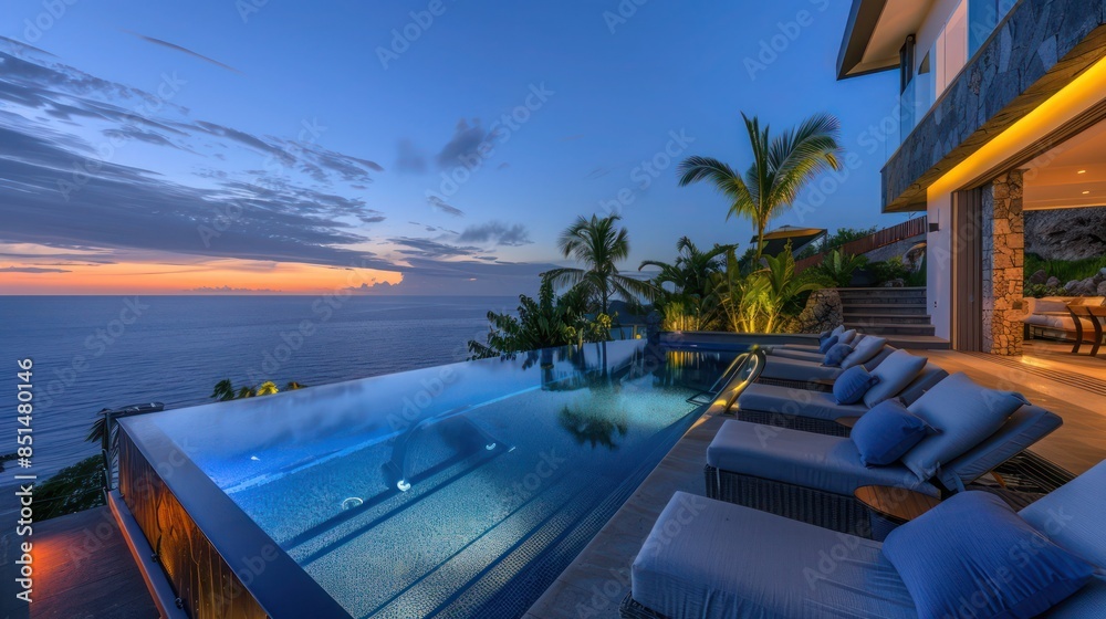 Fototapeta premium luxurious outdoor pool area with a zero-edge pool, underwater lighting, and comfortable poolside loungers for an ultimate relaxation zone