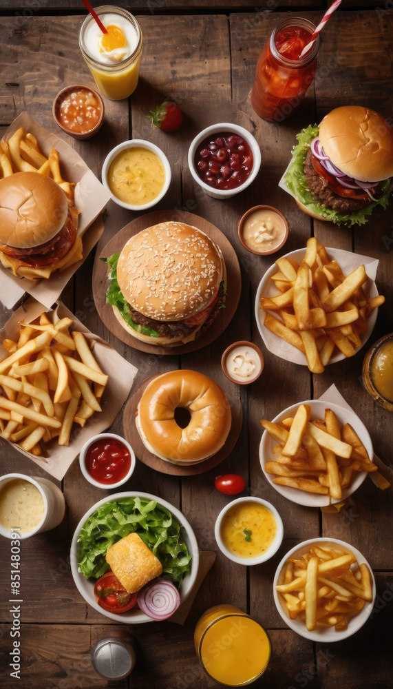 Fototapeta premium A mouthwatering display of burgers and fries, accompanied by an assortment of sauces and drinks, laid out on a wooden table, ideal for a casual dining experience