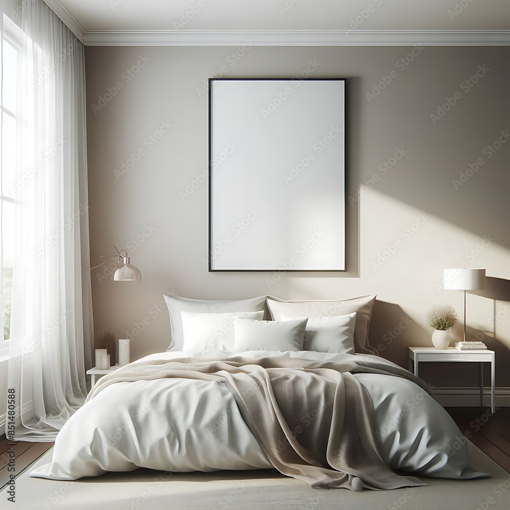 A bed in bedroom style interior set design have mockup poster empty white with and a framed picture engaging creative. A bed in bedroom style interior set design have mockup poster empty white with and a framed picture engaging creative.