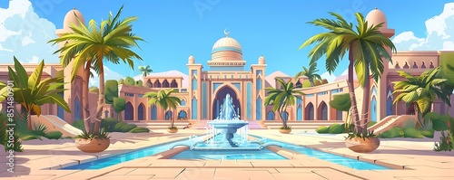desert oasis palace surrounded by palm trees and blue sky, featuring a blue fountain and white dome, with a brown pot adding a touch of warmth to the scene photo