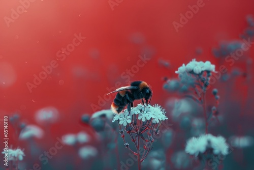 A bee on a flower with a red background