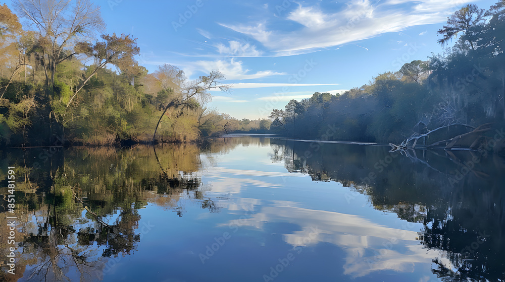 Fototapeta premium A calm river with reflections of the sky and trees.