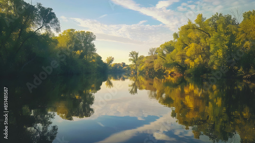 A calm river with reflections of the sky and trees.