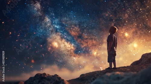 Young boy kid astronomer at a night of stargazing. He gazes galaxies and constellations, expanding his understanding of the cosmos