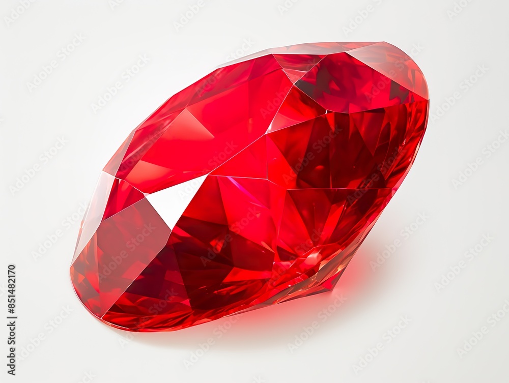 A large ruby, vivid in rich red color, showcased against a stark white background, emphasizing its clarity and intricate facets that catch and reflect the light A large ruby, vivid in rich red color, showcased against a stark white background, emphasizing its clarity and intricate facets that catch and reflect the light