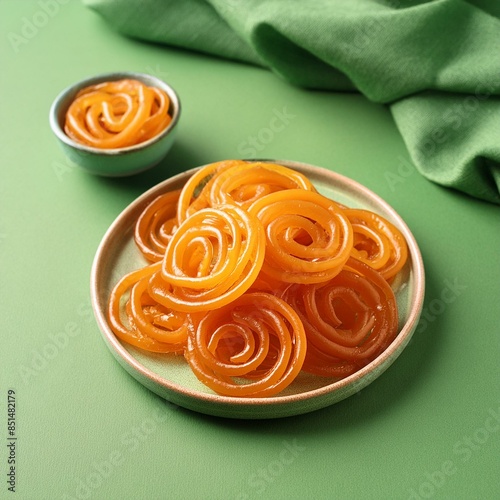 Indian special sweet food jalebi or imarti on green background photo