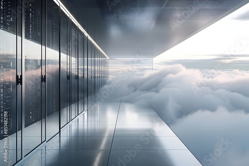 Cavernous Server Room Elevated by Cloud-Covered Sky in Sleek Technological Aesthetic