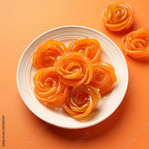 Indian special sweet food jalebi or imarti on orange background photo