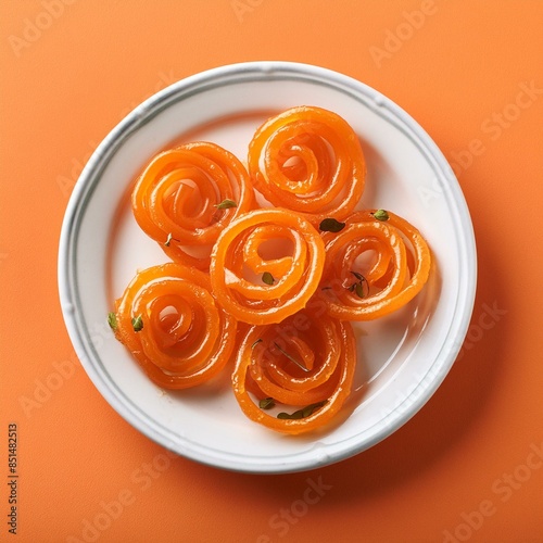 Indian special sweet food jalebi or imarti on orange background photo