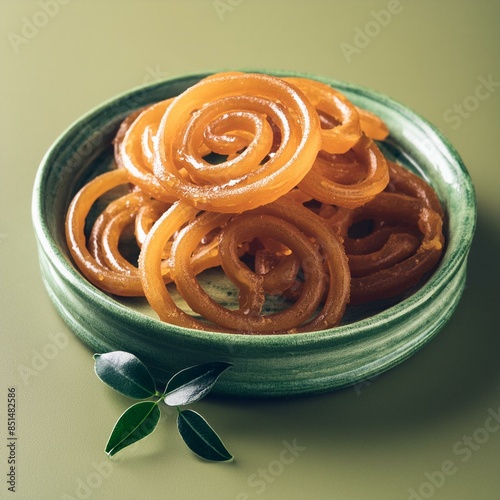 Indian special sweet food jalebi or imarti on olive colour background photo