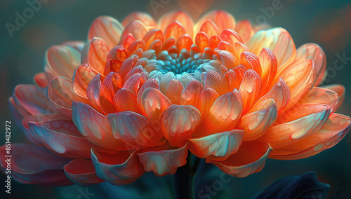 A photo of vibrant chrysanthemums in full bloom, their petals glowing with soft peach and pink hues against an out of focus background. Created with Ai