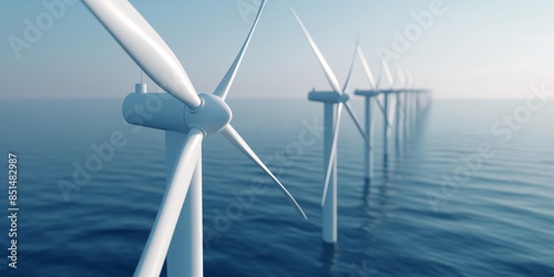 A photo of white wind turbines in the ocean, with the open sea as a background. This scene conveys green energy production using modern technology for sustainable power generation.