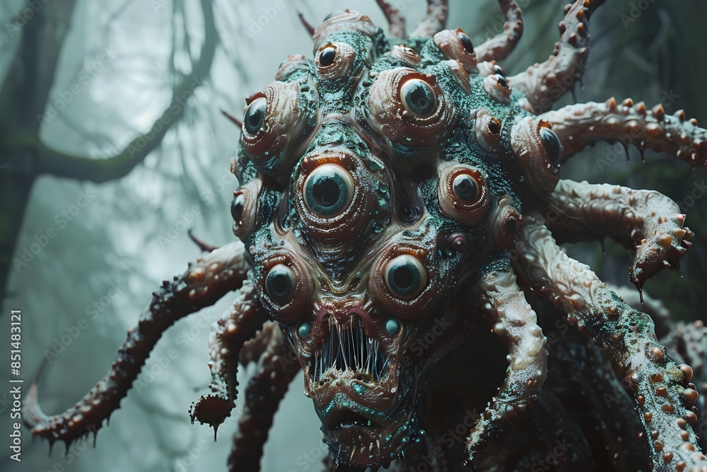 Horrifying Macabre Creature with Many Eyes in Gloomy Mist-Shrouded Forest Backdrop in 3D Render