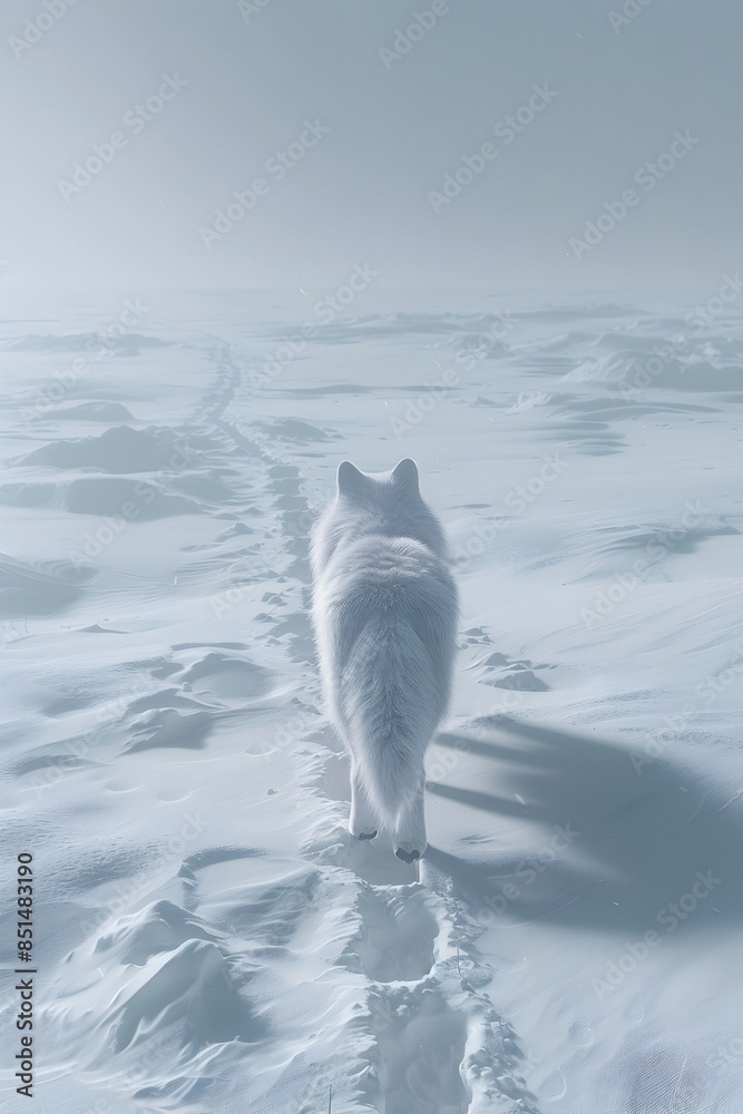 Fototapeta premium Lone Wolf Trekking Through a Snow-Swept Landscape,Paws Leaving Tracks in the Pristine White