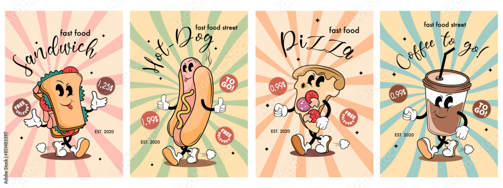Fototapeta premium street food poster set with funny hot dog, sandwich, pizza and coffee characters 