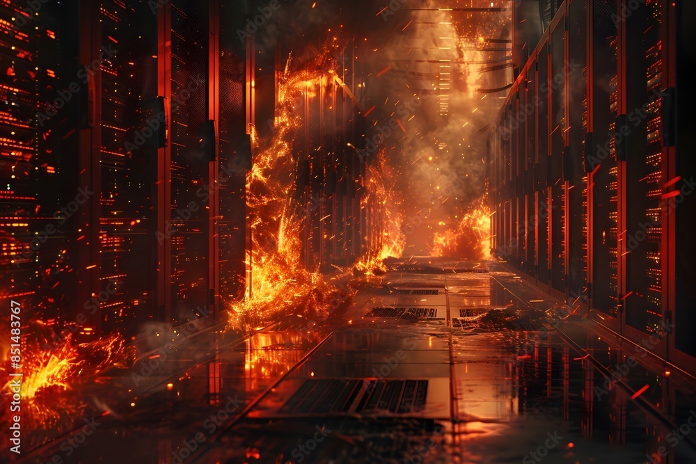 Fototapeta premium Rows of Blazing Server Racks in an Industrial Catastrophe Amid Electrical Sparks and Ominous Haze