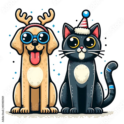 A dog design drawing graphic and cat design drawing graphic wearing sunglasses and a hat eyecatching Illustrative accessible engaging optimized.