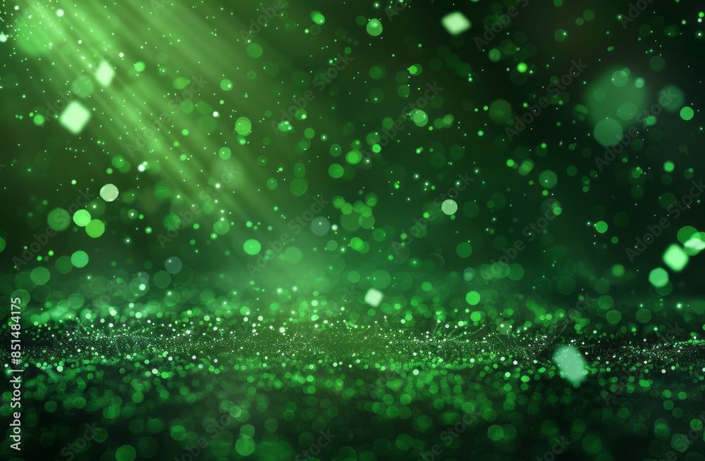 A green light shines on the dark background, creating an atmosphere of splashing particles and particle effects A green light shines on the dark background, creating an atmosphere of splashing particles and particle effects