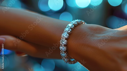 The hand wearing diamond bracelets, showcasing their beauty and elegance in soft focus. The bracelet is made with sparkling diamonds that sparkle under natural light, adding to its allure. © horizon