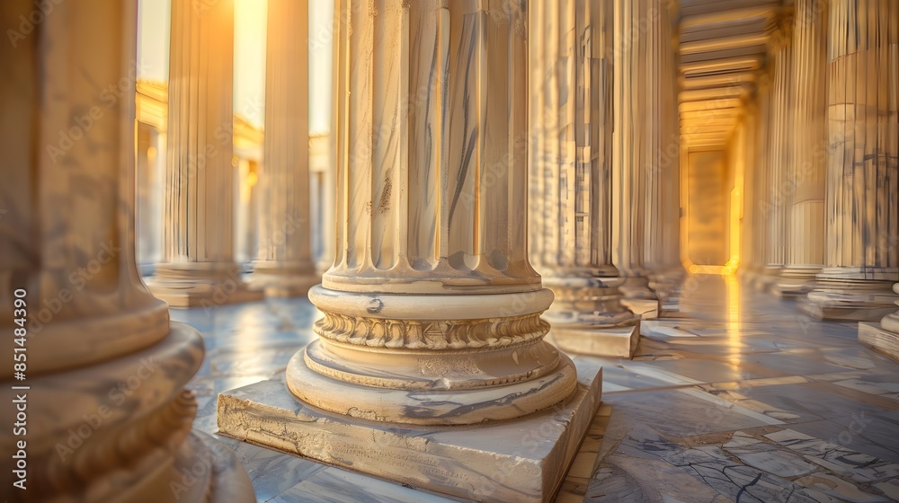 A closeup of classical Greek columns, each with intricate carvings and a soft white marble finish, standing in the center of an architectural building. A closeup of classical Greek columns, each with intricate carvings and a soft white marble finish, standing in the center of an architectural building.