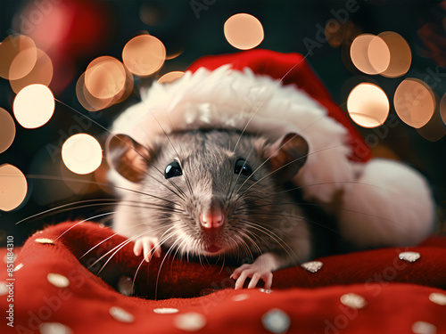 Portrait of a rat in a black Santa hat. New year is the year of the Rat. The symbol of The year is a rat. CHRISTMAS RAT photo