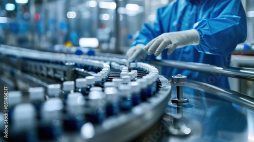 Obraz na płótnie A pharmacist scientist, adorned with sanitary gloves, is inspecting medical vials as they traverse a production line conveyor belt within a pharmaceutical factory equipped. w salonie