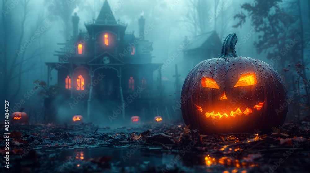 A glowing jack-o-lantern sits in the foreground of a spooky Halloween scene. A haunted house is visible through the fog in the background. A glowing jack-o-lantern sits in the foreground of a spooky Halloween scene. A haunted house is visible through the fog in the background.