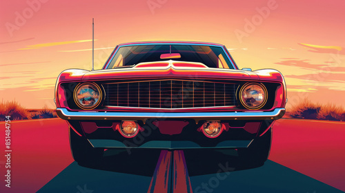 Illustrated in vector line art is a low-angle frontal view of a vintage American muscle car from the 1950s.