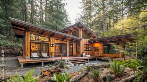 A charming rustic cabin with a detailed plywood exterior blends with nature, offering a peaceful retreat.