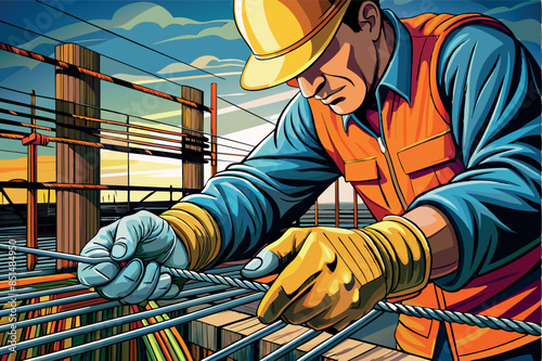 The image captures a construction worker tying wire on rebar at a city construction site.  The theme is new construction and new expected housing