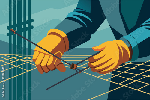 The image captures a construction worker tying wire on rebar at a city construction site.  The theme is new construction and new expected housing