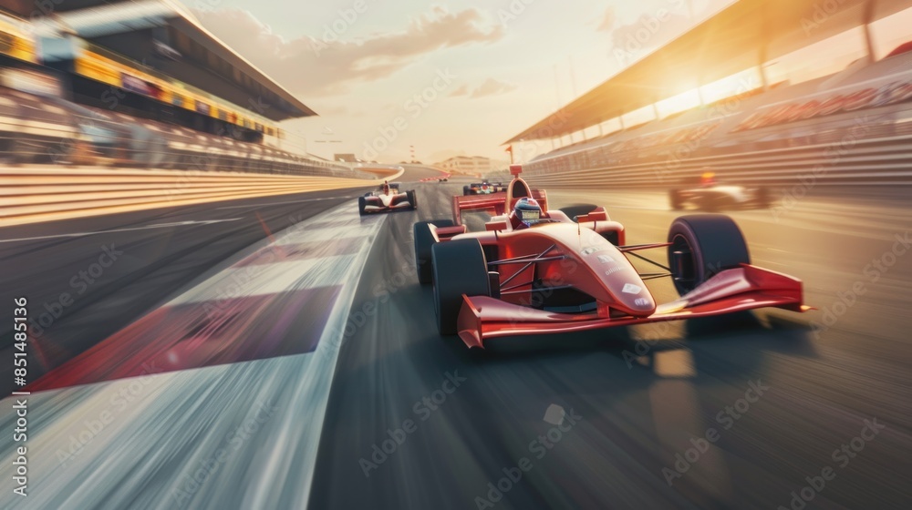 Race car drivers are seen driving down the track against a backdrop of the race track. As they pass the finish line, the motion blur of the background accentuates the speed of their race cars.