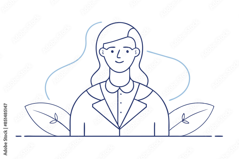 a girl with shoulder-length hair, wearing a shirt with a collar and, it seems, a jacket. Two leaves are depicted behind the figure, suggesting a connection to nature. The style is simple a girl with shoulder-length hair, wearing a shirt with a collar and, it seems, a jacket. Two leaves are depicted behind the figure, suggesting a connection to nature. The style is simple