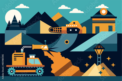 A large open pit mine with visible layers of earth. a conveyor belt moves the material and a dump truck is loaded with ore. the topic of natural resource extraction and the environment.