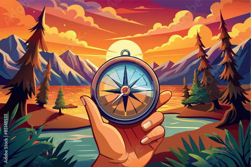 A hand holding a compass against a sunset or sunrise background. themes of navigation, traveling, exploring, or finding direction in life.