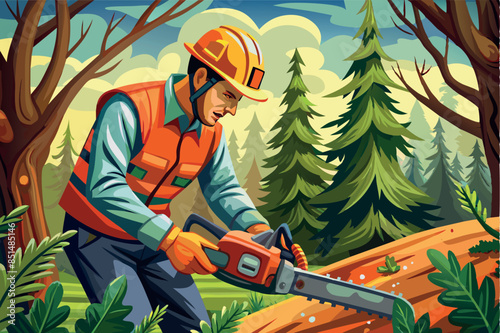 A woodcutter working with a chainsaw. He is wearing a helmet with a visor, headphones and a vest. safety topics and equipment used in forestry or logging.