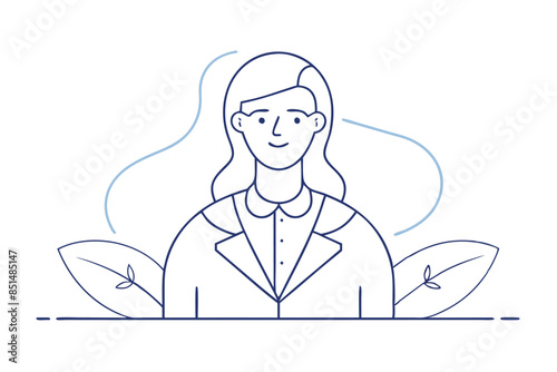 a girl with shoulder-length hair, wearing a shirt with a collar and, it seems, a jacket. Two leaves are depicted behind the figure, suggesting a connection to nature. The style is simple